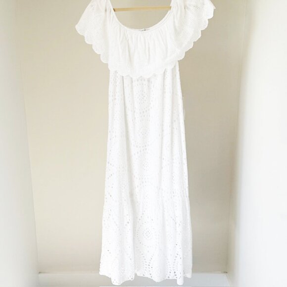 Eyelet Off-Shoulder Dress, Made In Italy, OSFM, White - Picture 2 of 3